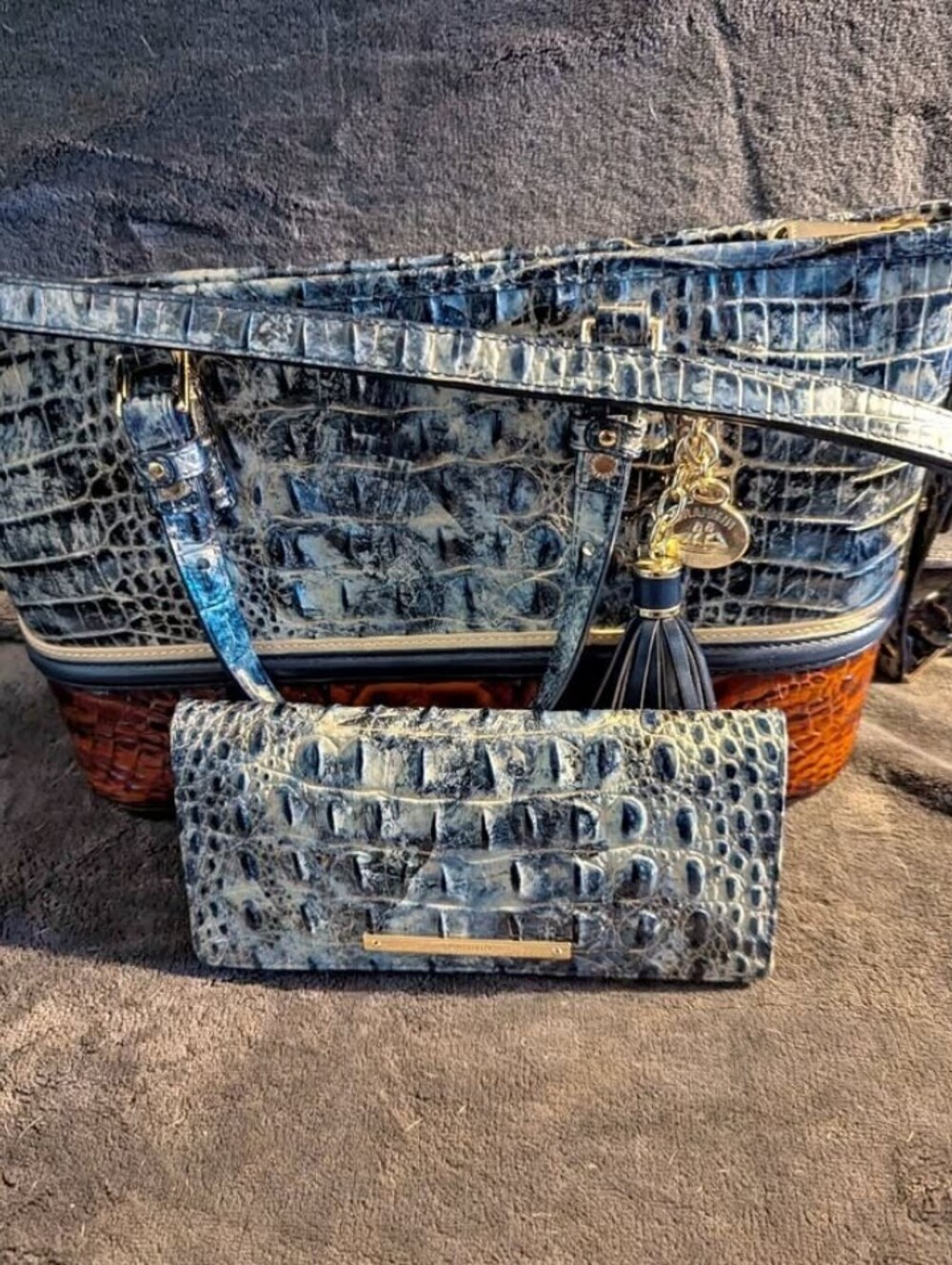 Brahmin Blue Faux-Croc Tote with Matching Wallet and Gold Accents